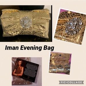 IMAN Chic GOLD Bow Clutch Purse HANDBAG EVENING COTTON BAG